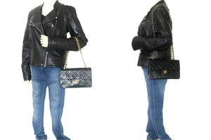CHANEL Classic Double Flap 9" Chain Shoulder Bag Black Lambskin p88 hannari-shop