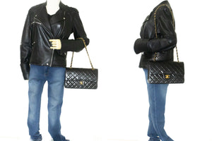 CHANEL Classic Double Flap 10" Chain Shoulder Bag Black Lambskin p77 hannari-shop
