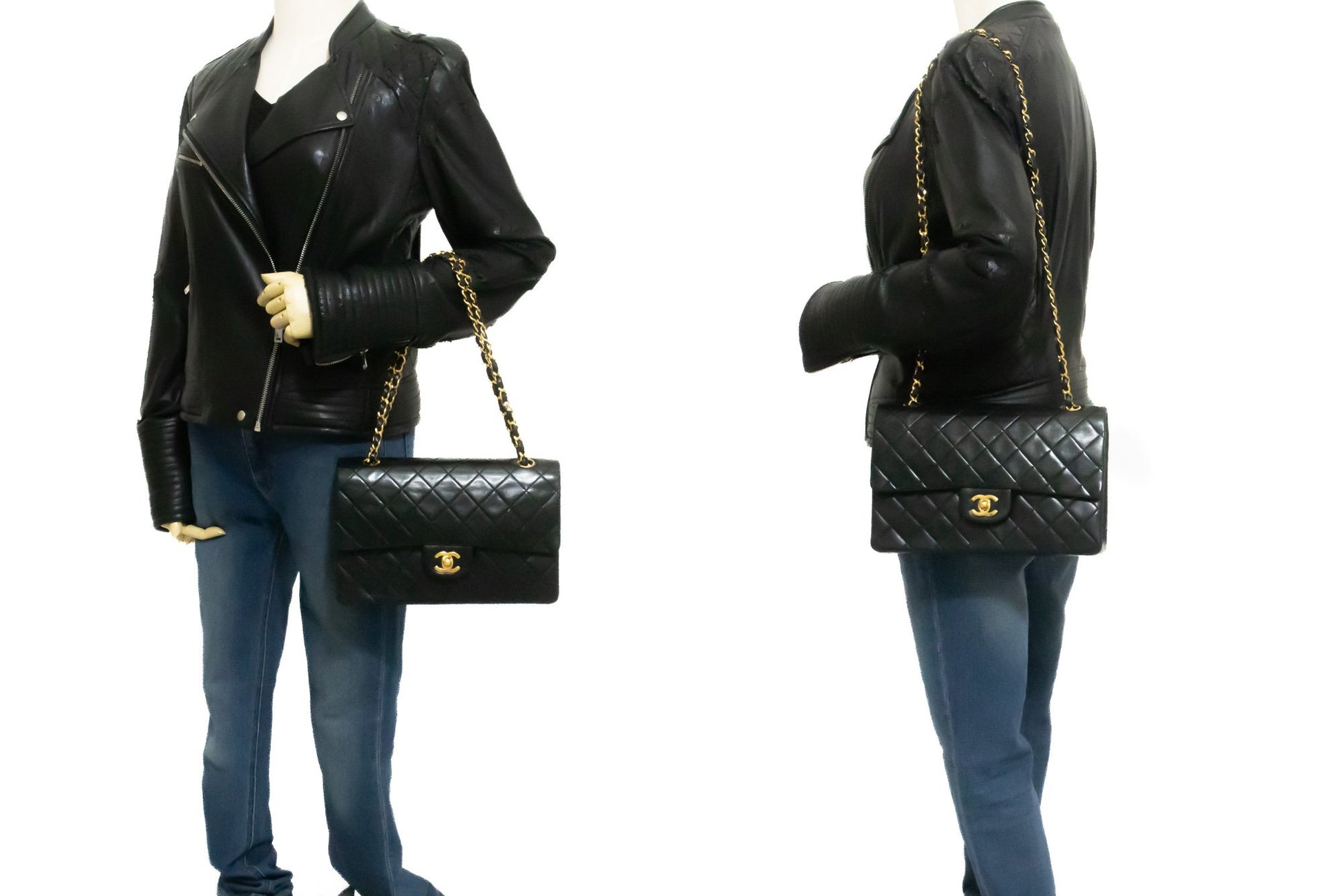 CHANEL Classic Double Flap 10" Chain Shoulder Bag Black Lambskin ak9 hannari-shop