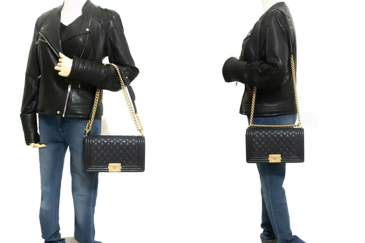 CHANEL Boy Grained Calfskin Chain Shoulder Bag Black Quilted Gold an7 hannari-shop