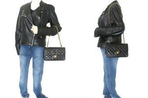 CHANEL Classic Double Flap 9" Chain Shoulder Bag Black Lambskin n70 hannari-shop