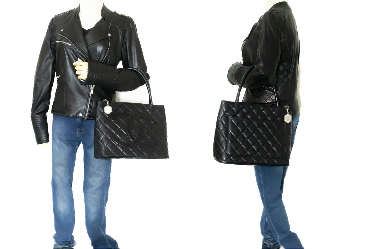 CHANEL Silver Medallion Caviar Schoudertas Winkel Tote Zwart SV n42 hannari-shop