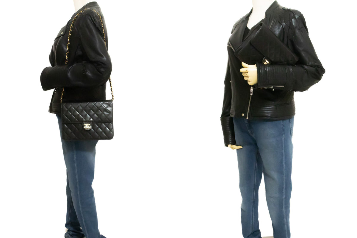 CHANEL Small Chain Shoulder Bag Clutch Black Quilted Flap Lambskin ao7 — on mannequin hannari-shop