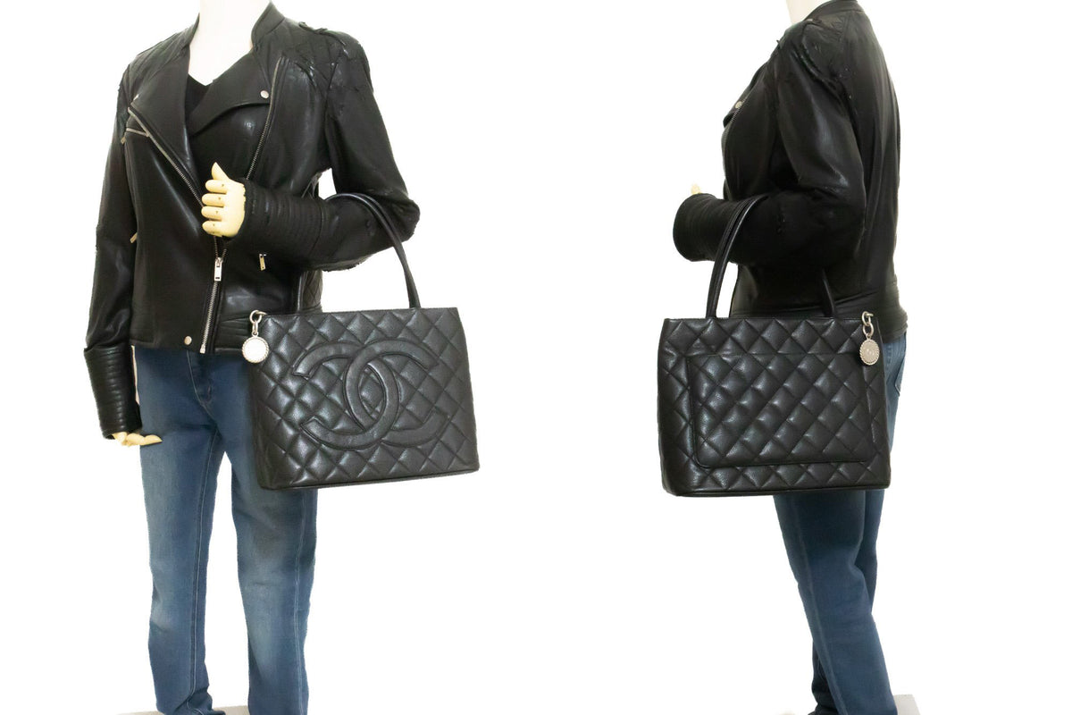 CHANEL Silver Medallion Grained Calfskin Leather Shoulder Bag ap3 — on mannequin hannari-shop