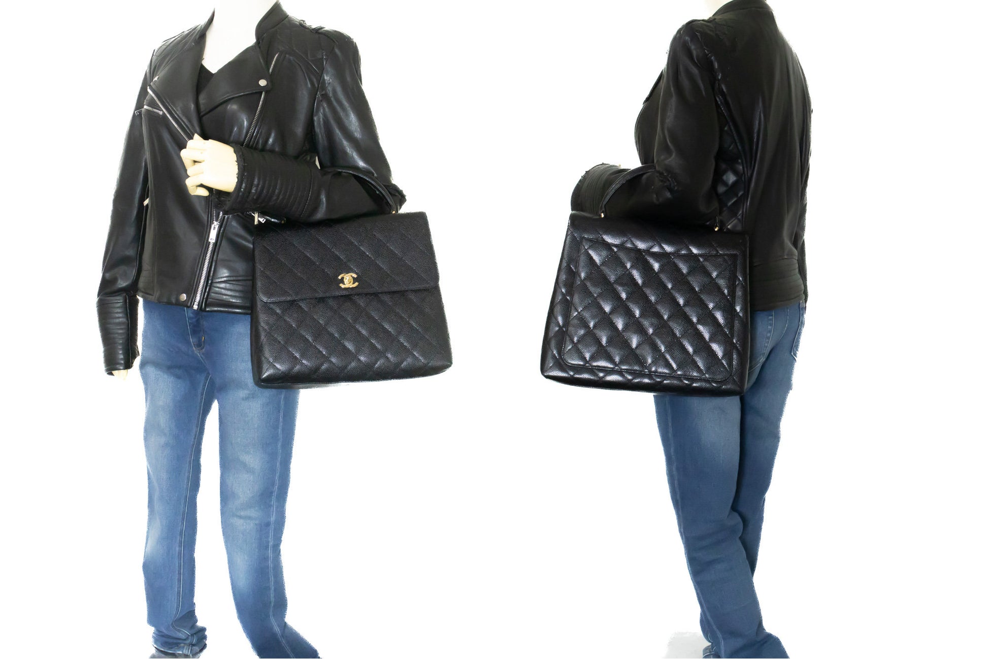 CHANEL Caviar Handtas Top Handle Tas Kelly Zwart Flap Leer Goud n63 hannari-shop