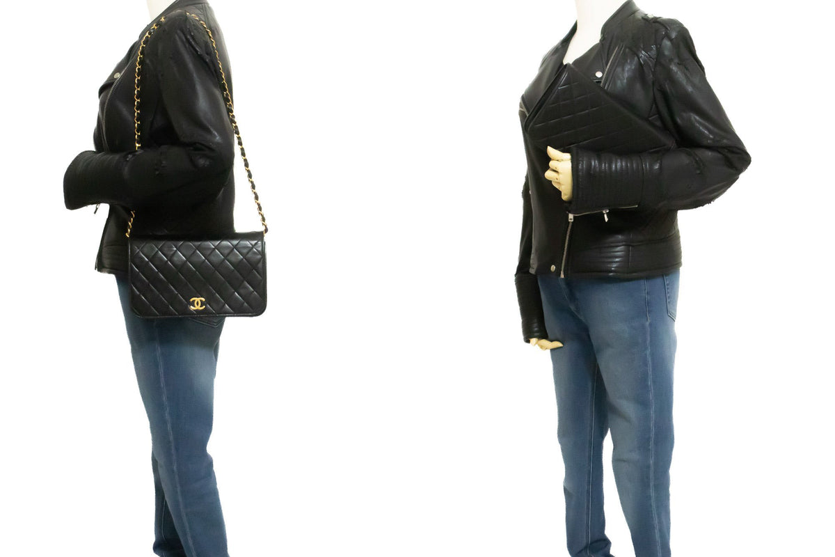 CHANEL Full Flap Chain Schoudertas Clutch Zwart Gewatteerd Lamsleer ao4 — op paspop hannari-shop