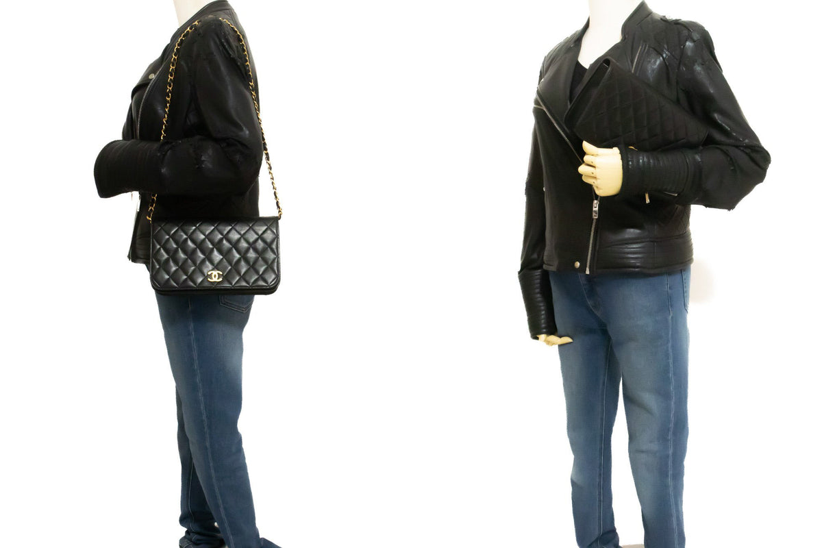 CHANEL Full Flap Chain Schoudertas Clutch Zwart Gewatteerd Lamsleer ao5 — op paspop hannari-shop