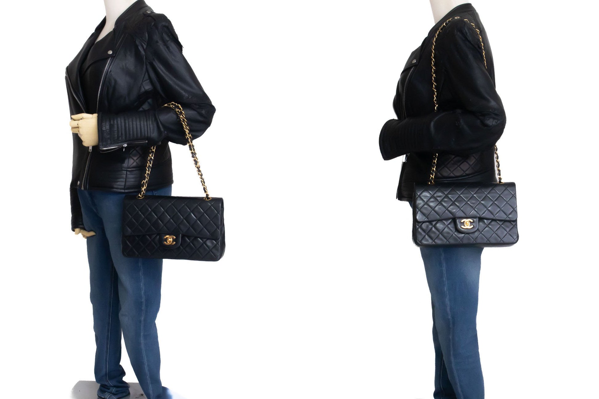 CHANEL Classic Double Flap 10" Chain Shoulder Bag Black Lambskin ah7 hannari-shop