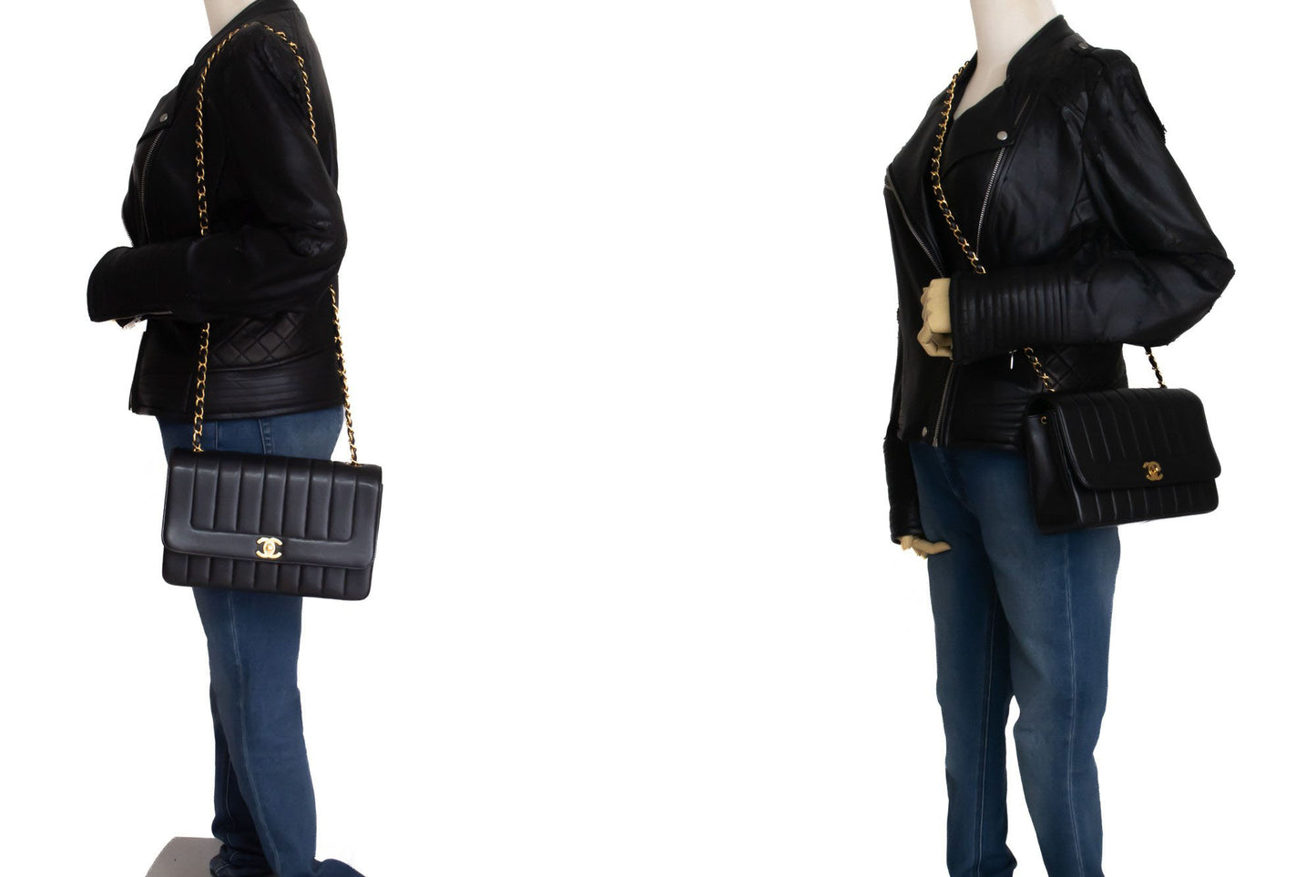 CHANEL Stripe Single Flap Chain Shoulder Bag Black Quilted aj3 hannari-shop