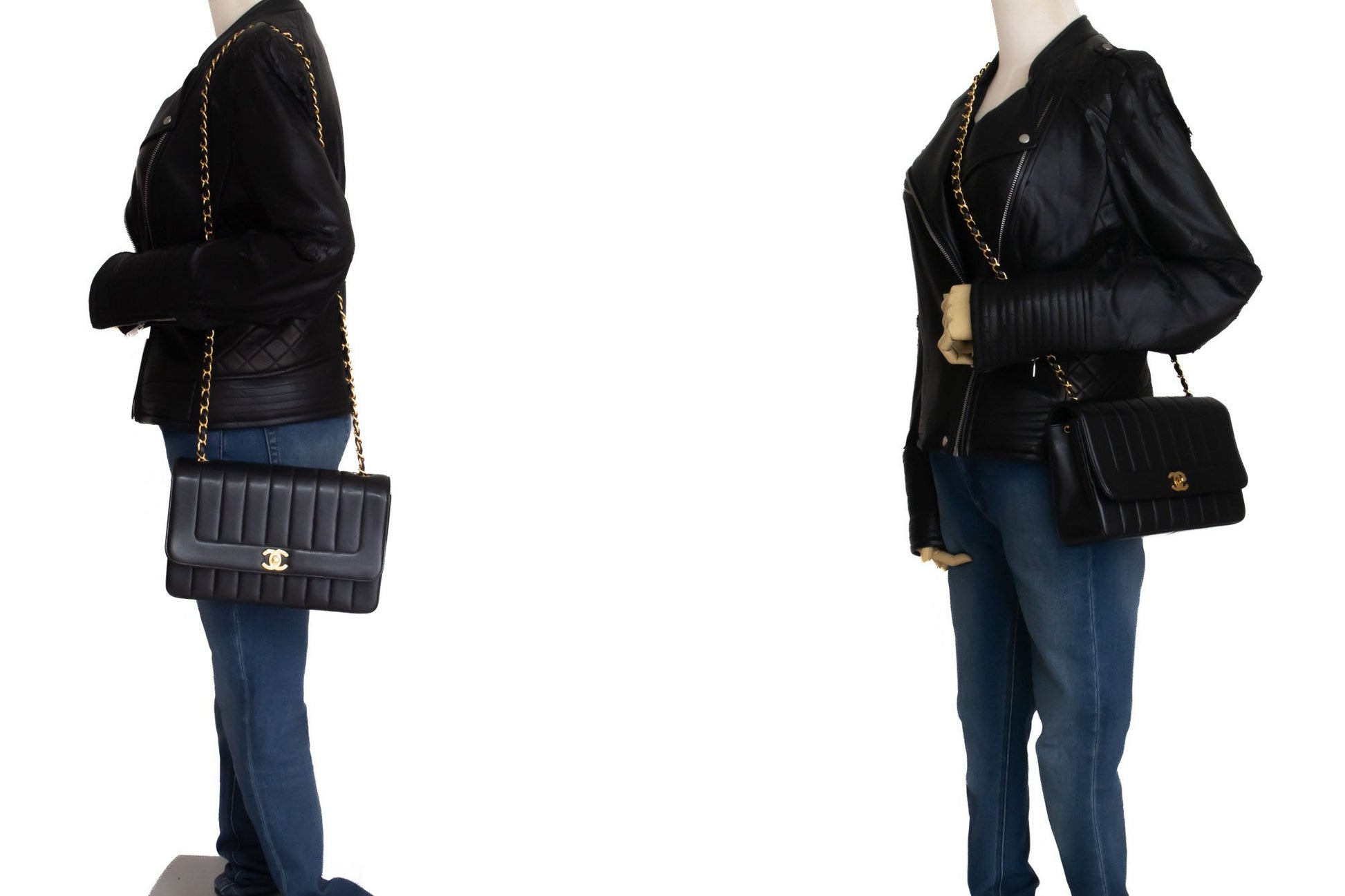 CHANEL Stripe Single Flap Chain Shoulder Bag Black Quilted aj3 hannari-shop