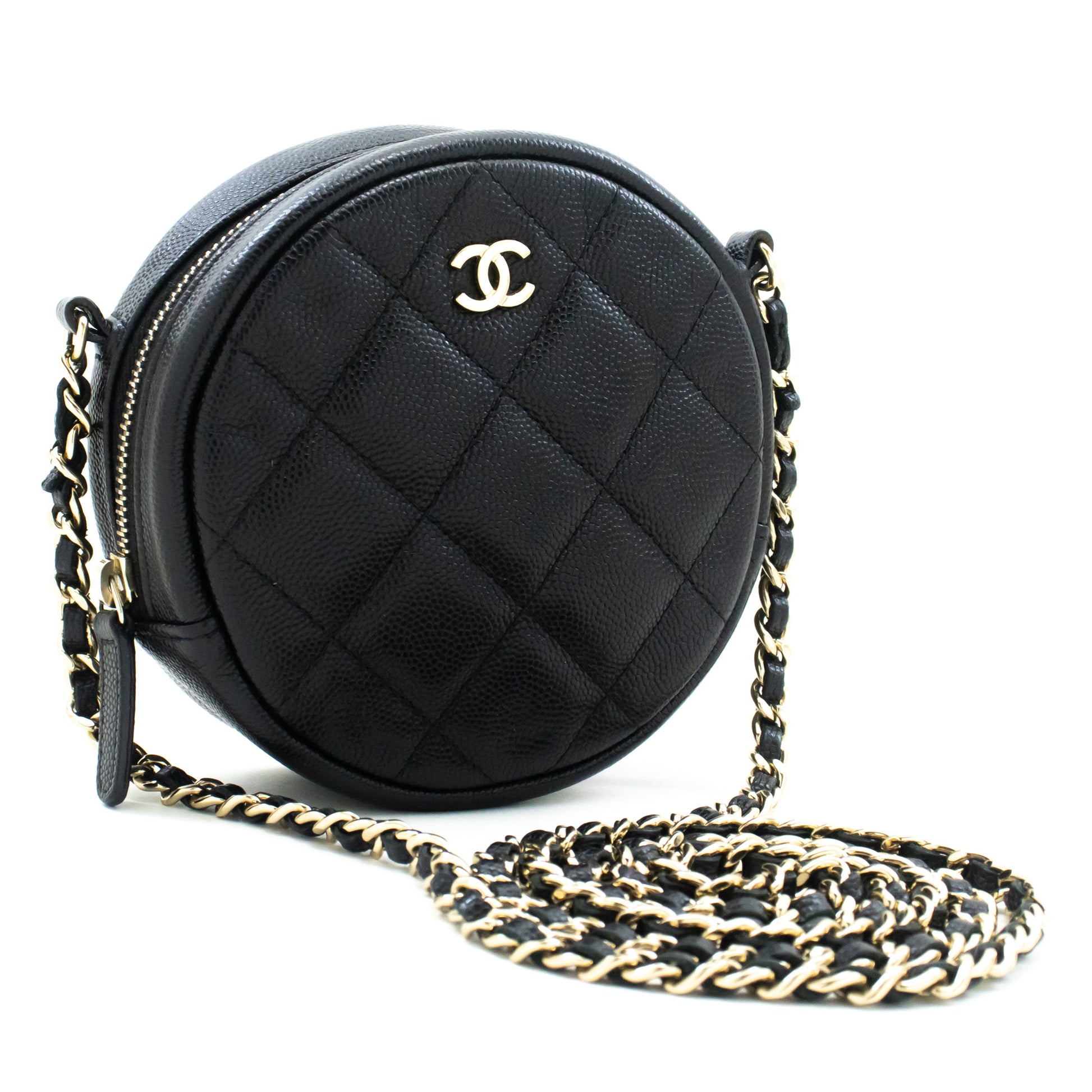 CHANEL Round Zip Caviar Kleine Chain Schoudertas Zwart Gequilte m55 hannari-shop