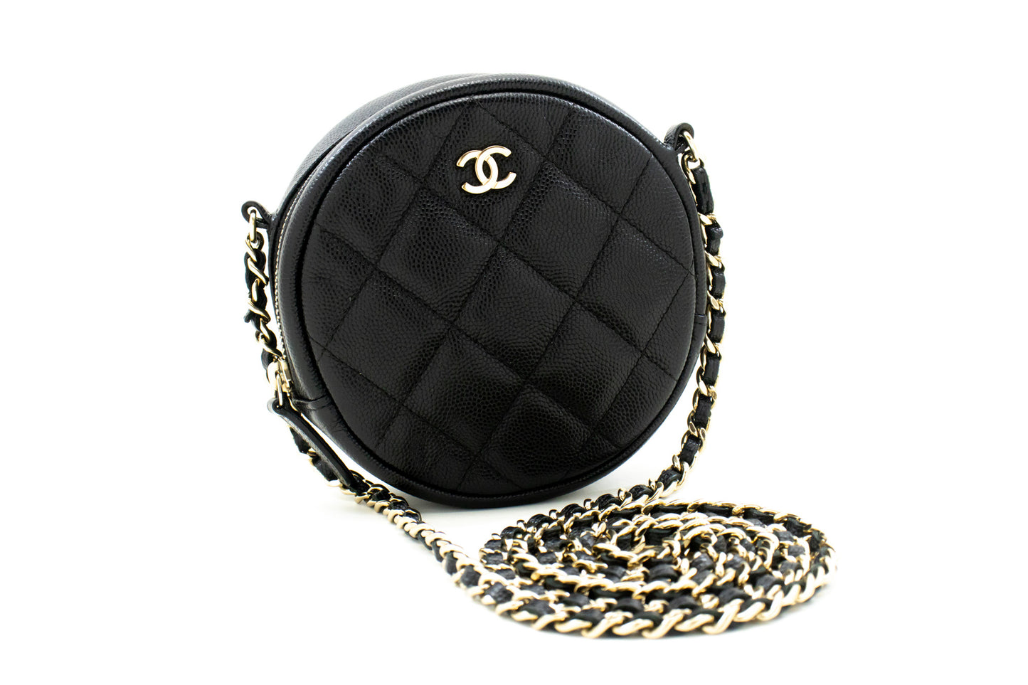 CHANEL Round Zip Caviar Kleine Chain Schoudertas Zwart Gequilte m55 hannari-shop