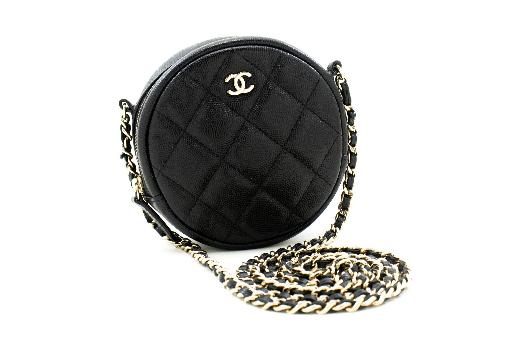 CHANEL Round Zip Caviar Kleine Chain Schoudertas Zwart Gequilte m55 hannari-shop