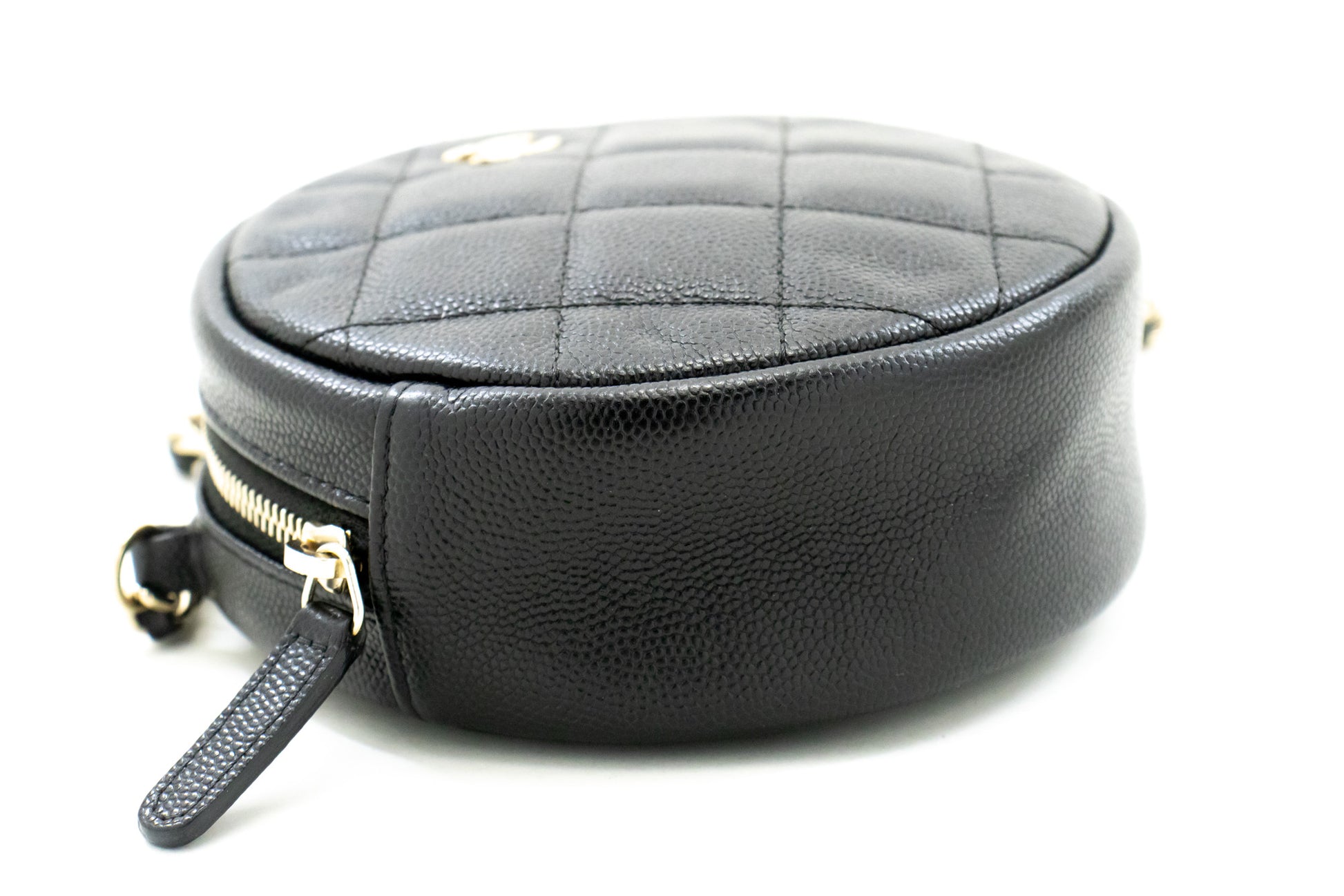 CHANEL Round Zip Caviar Kleine Chain Schoudertas Zwart Gequilte m55 hannari-shop