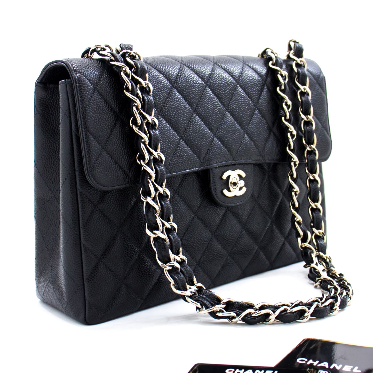 CHANEL Large Classic Handbag Chain Shoulder Bag Flap Black Caviar g66 hannari-shop