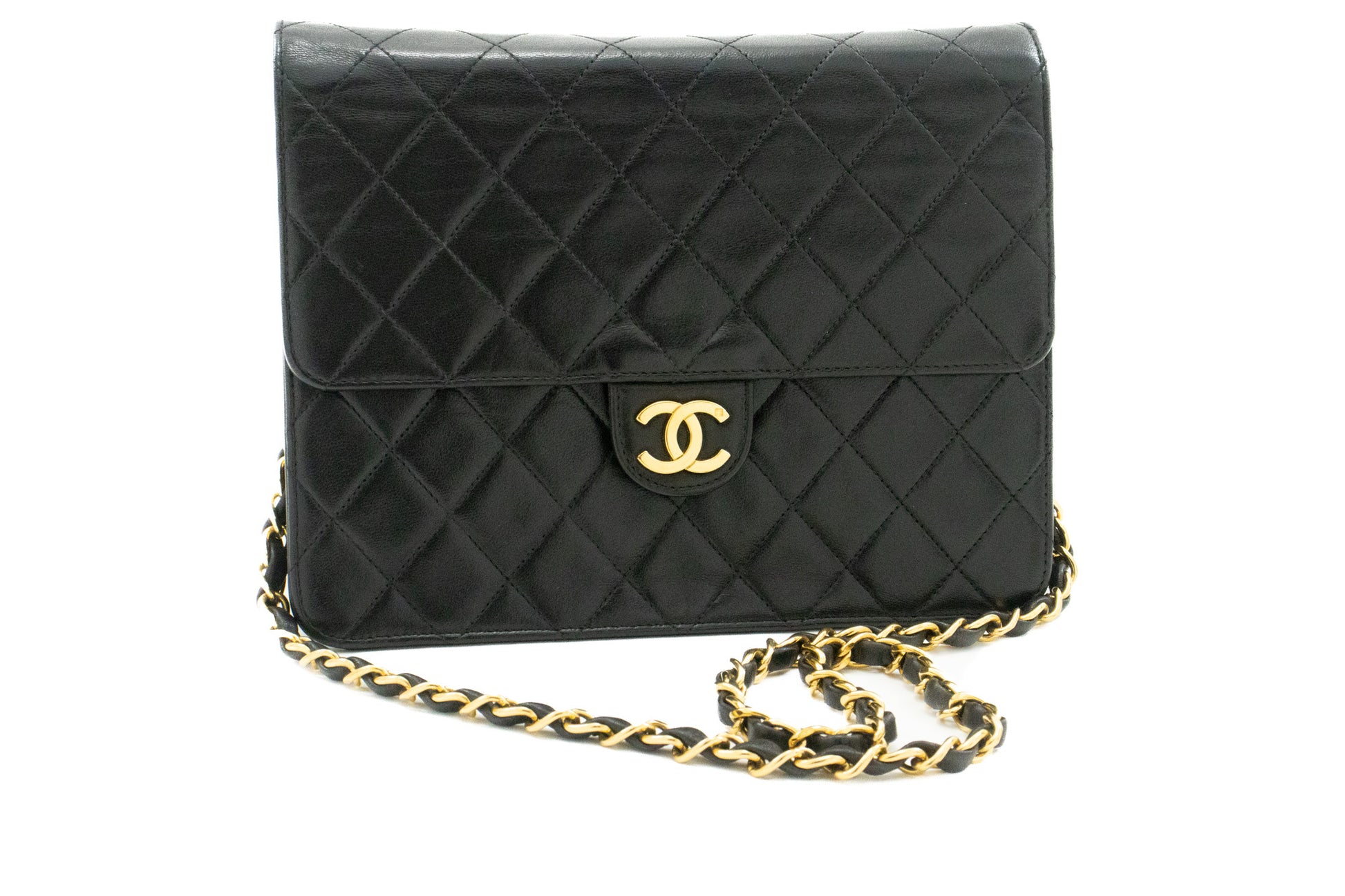 CHANEL Kleine Chain Shoulder Bag Clutch Zwart Gewatteerd Klepje Lamsleer j60 hannari-shop