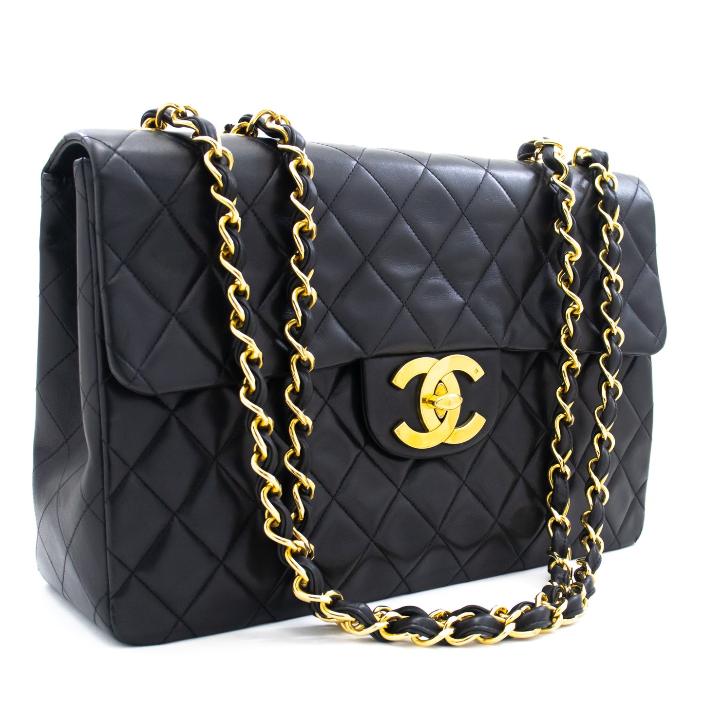 CHANEL Classic Large 13" Flap Chain Shoulder Bag Black Lambskin j74 hannari-shop