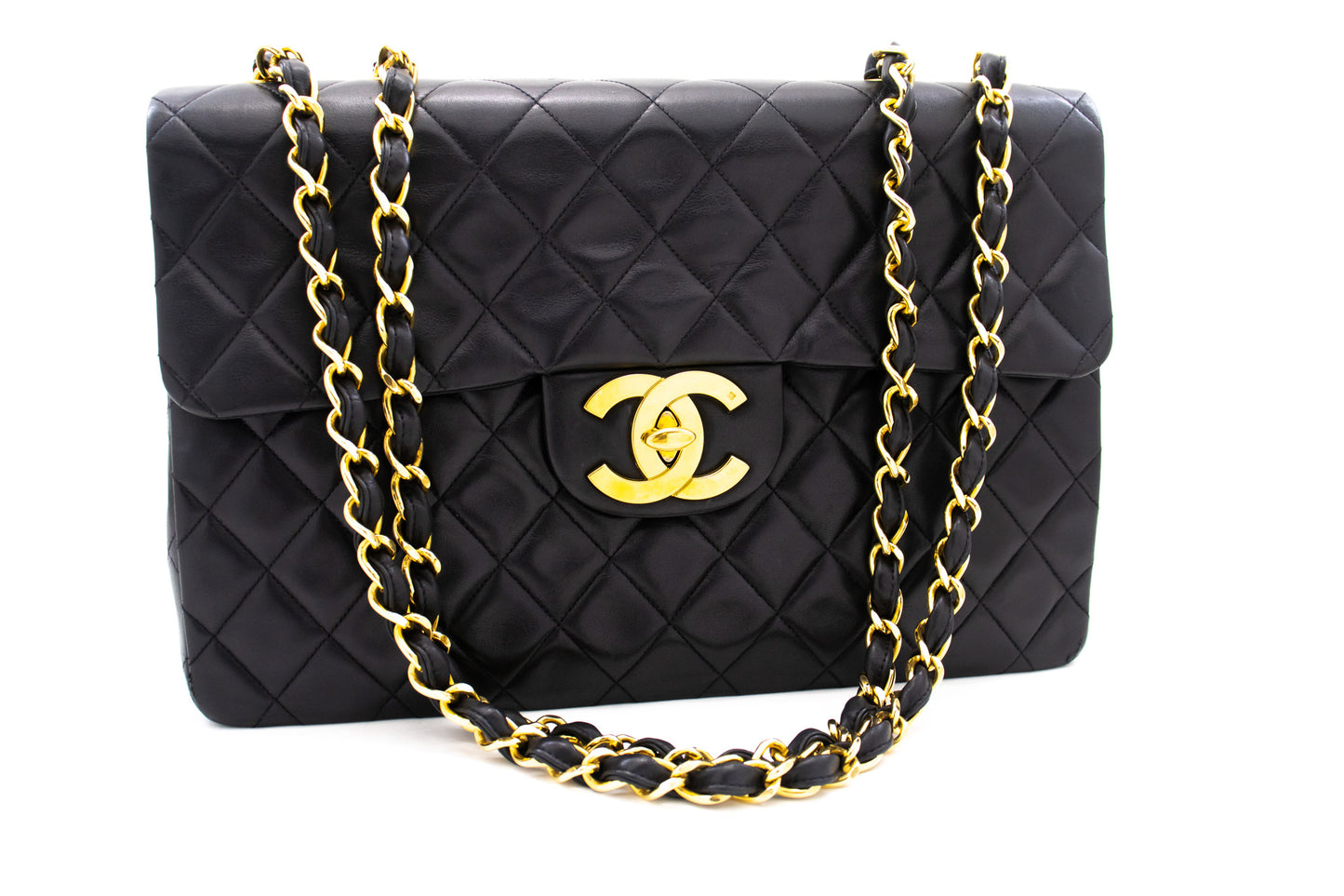 CHANEL Classic Large 13" Flap Chain Shoulder Bag Black Lambskin j74 hannari-shop