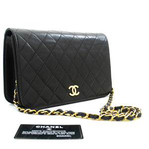 CHANEL Full Flap Chain Shoulder Bag Clutch Black Quilted Lambskin L87 hannari-shop