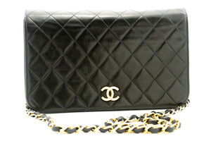 CHANEL Full Flap Chain Shoulder Bag Clutch Black Quilted Lambskin L87 hannari-shop
