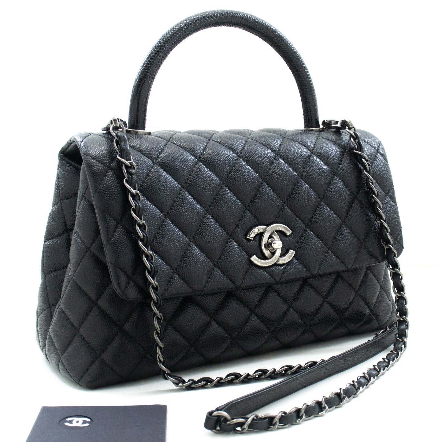 CHANEL 2 Way Top Handle Handtas Schoudertas Zwart Caviar Leder L52 hannari-shop