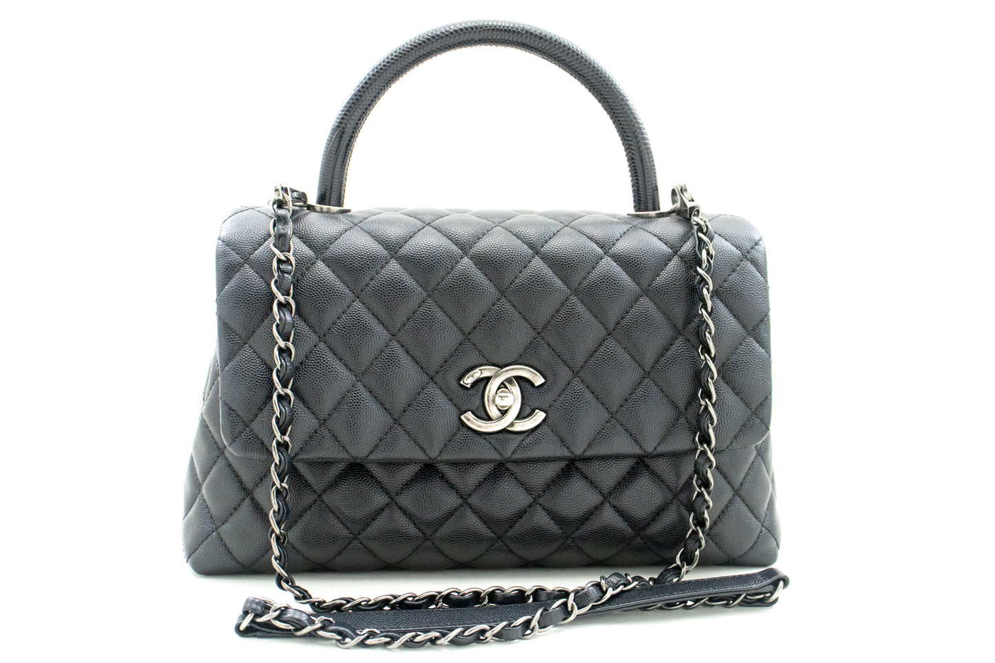 CHANEL 2 Way Top Handle Handtas Schoudertas Zwart Caviar Leder L52 hannari-shop