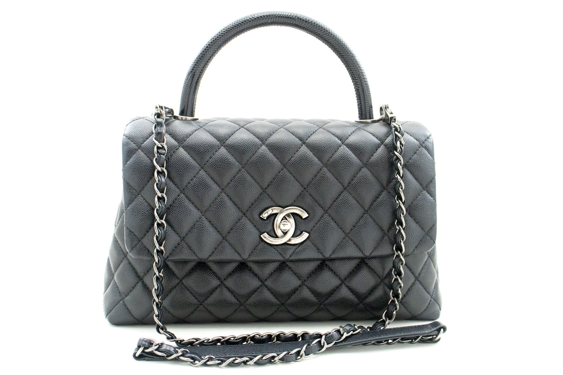 CHANEL 2 Way Top Handle Handtas Schoudertas Zwart Caviar Leder L52 hannari-shop