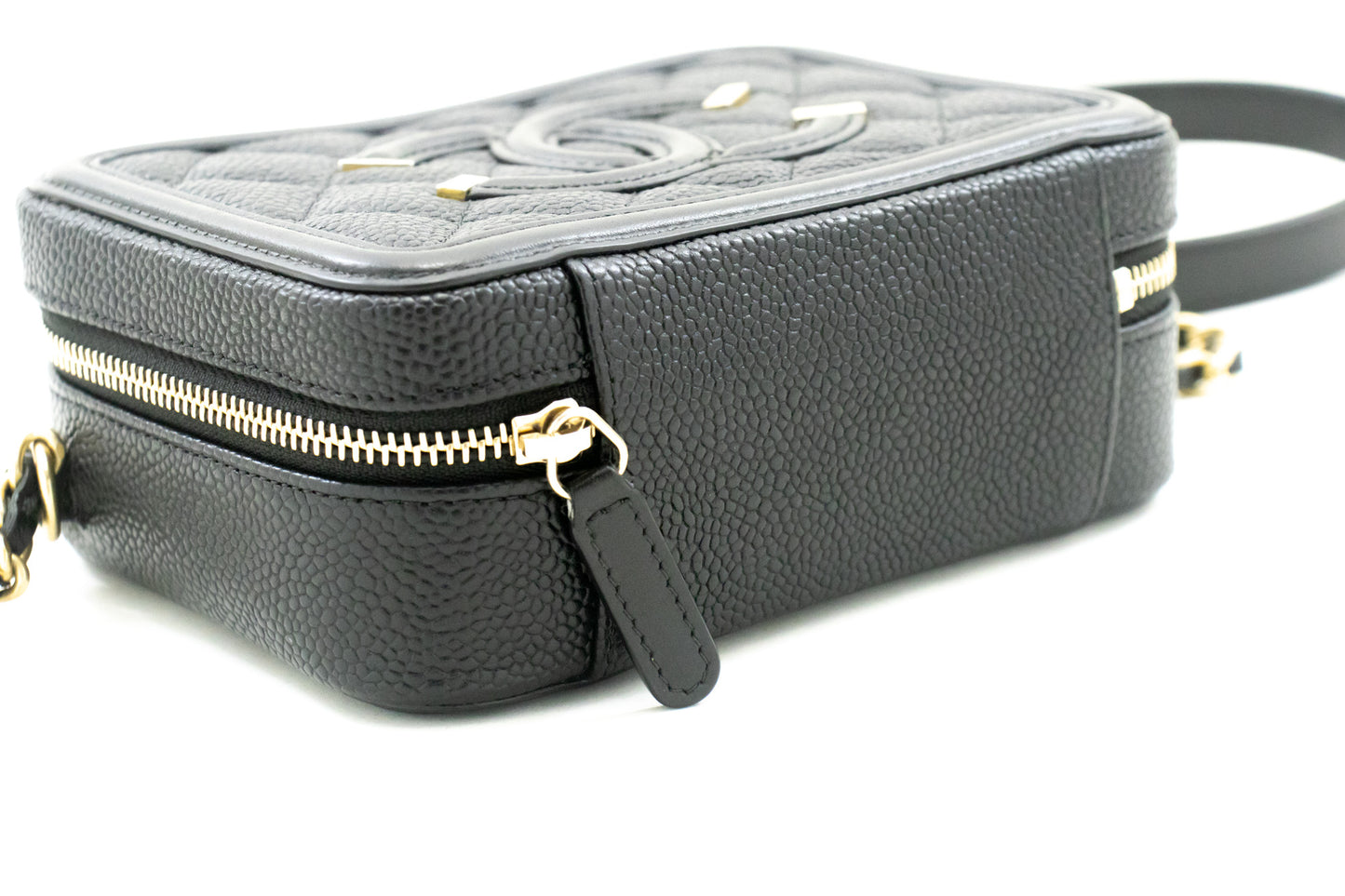 CHANEL Micro Caviar Grained Calfskin Chain Shoulder Bag Black Zip L82 hannari-shop