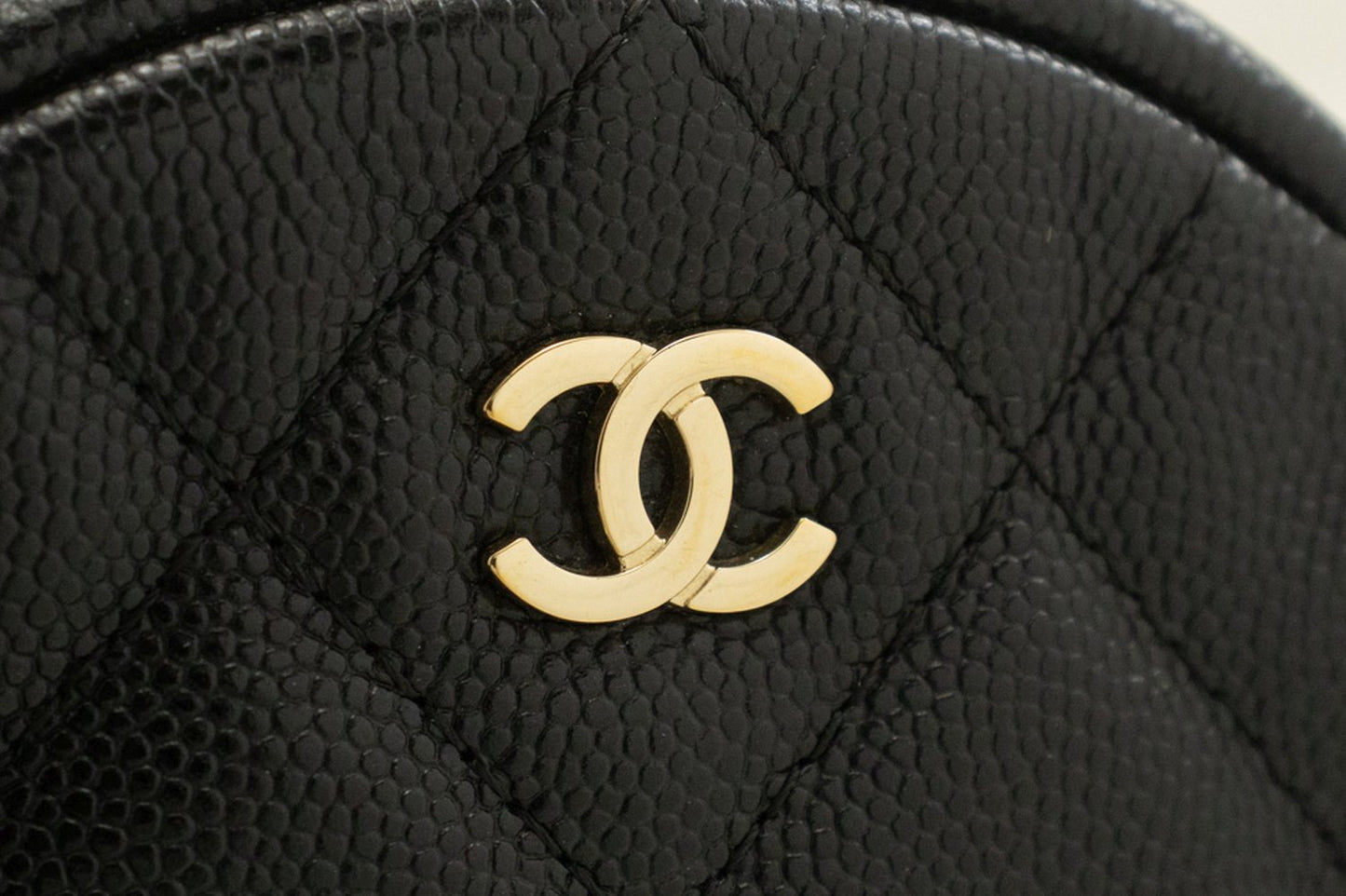 CHANEL Round Zip Caviar Kleine Chain Schoudertas Zwart Gequilte m55 hannari-shop