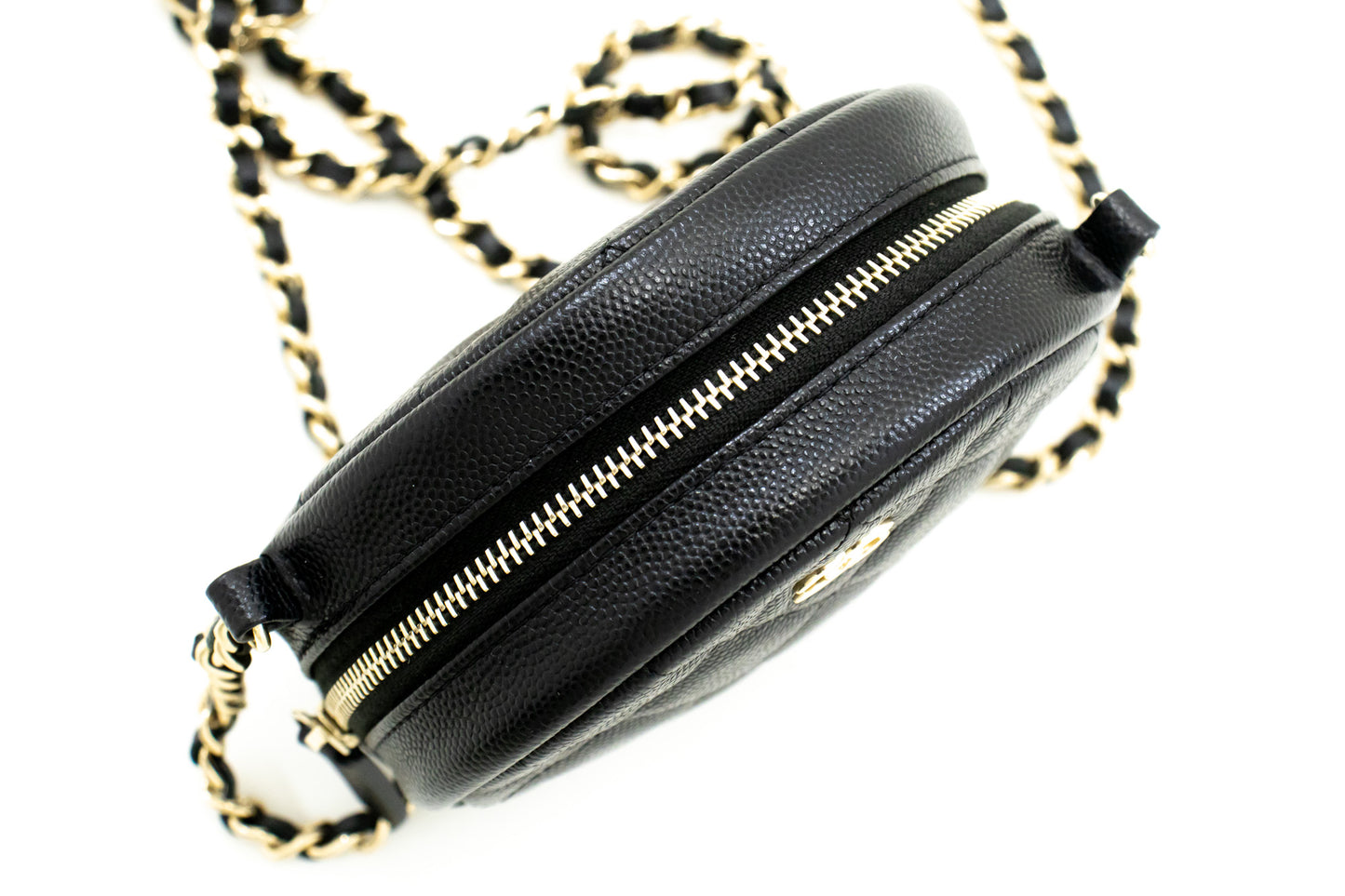 CHANEL Round Zip Caviar Kleine Chain Schoudertas Zwart Gequilte m55 hannari-shop