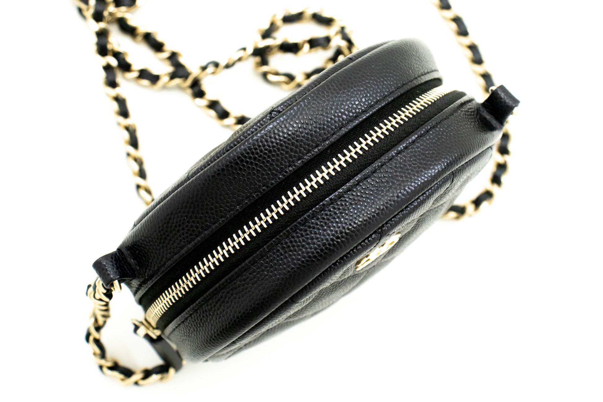 CHANEL Round Zip Caviar Kleine Chain Schoudertas Zwart Gequilte m55 hannari-shop