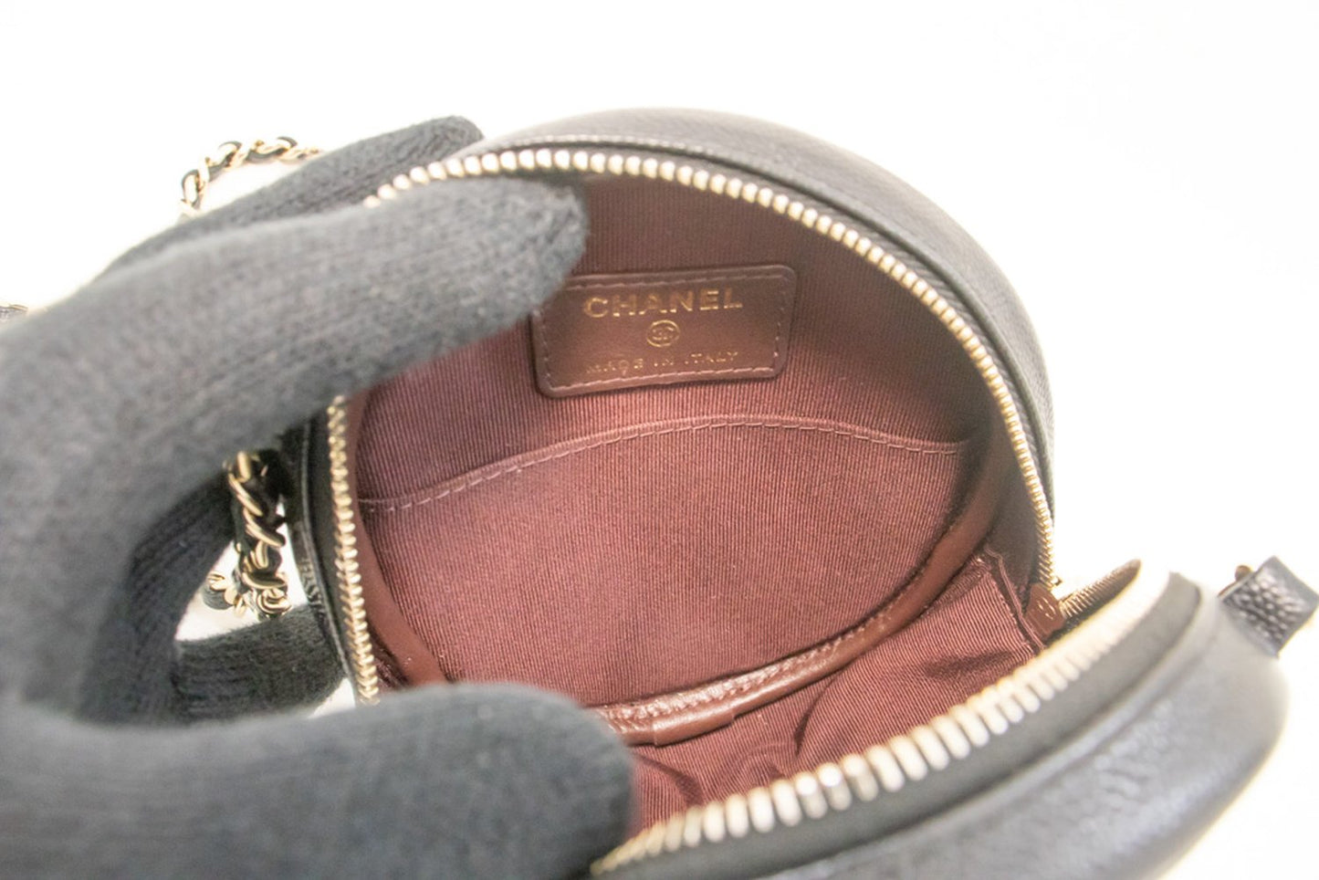 CHANEL Round Zip Caviar Kleine Chain Schoudertas Zwart Gequilte m55 hannari-shop