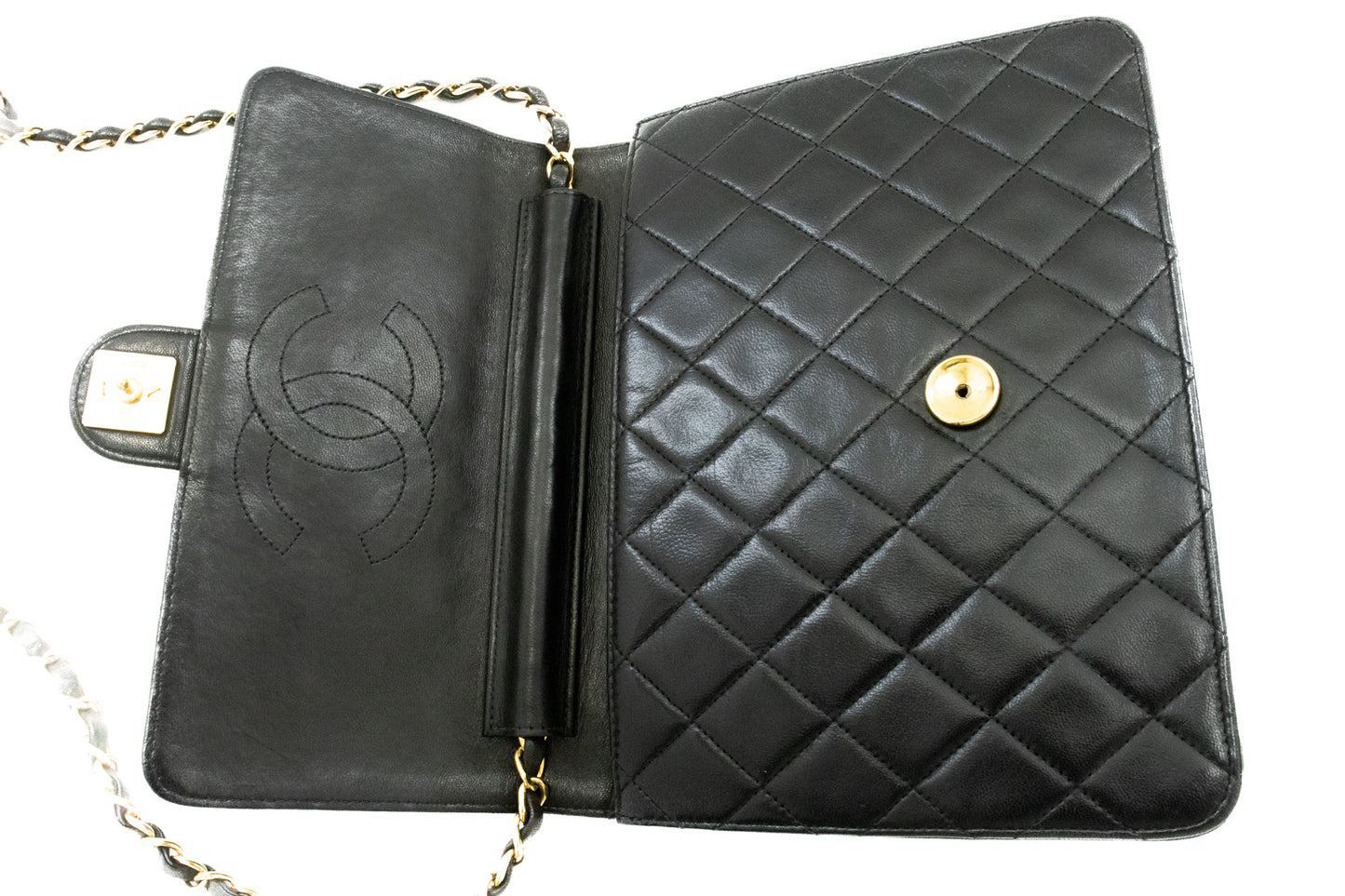 CHANEL Kleine Chain Shoulder Bag Clutch Zwart Gewatteerd Klepje Lamsleer j60 hannari-shop