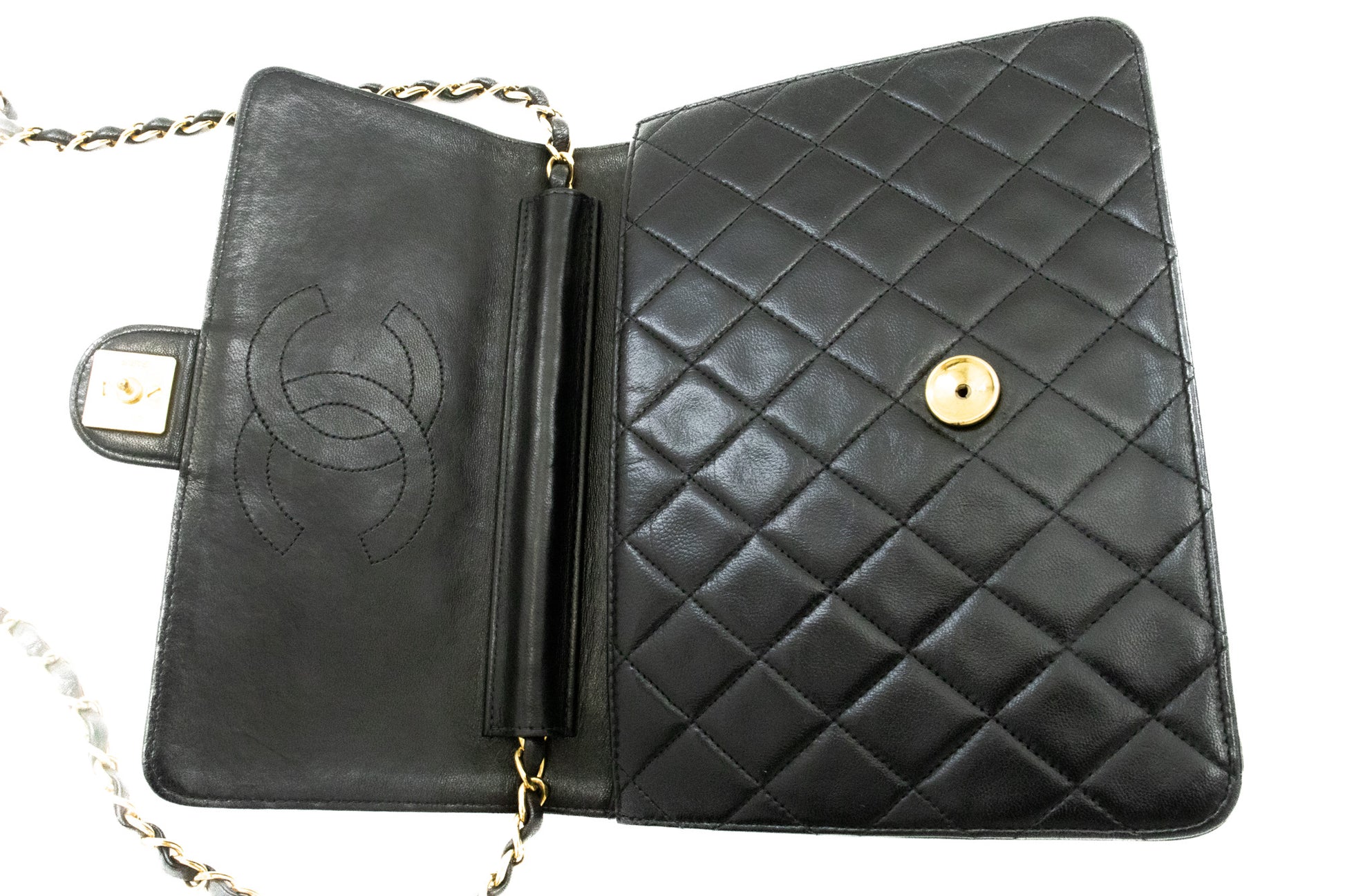 CHANEL Kleine Chain Shoulder Bag Clutch Zwart Gewatteerd Klepje Lamsleer j60 hannari-shop