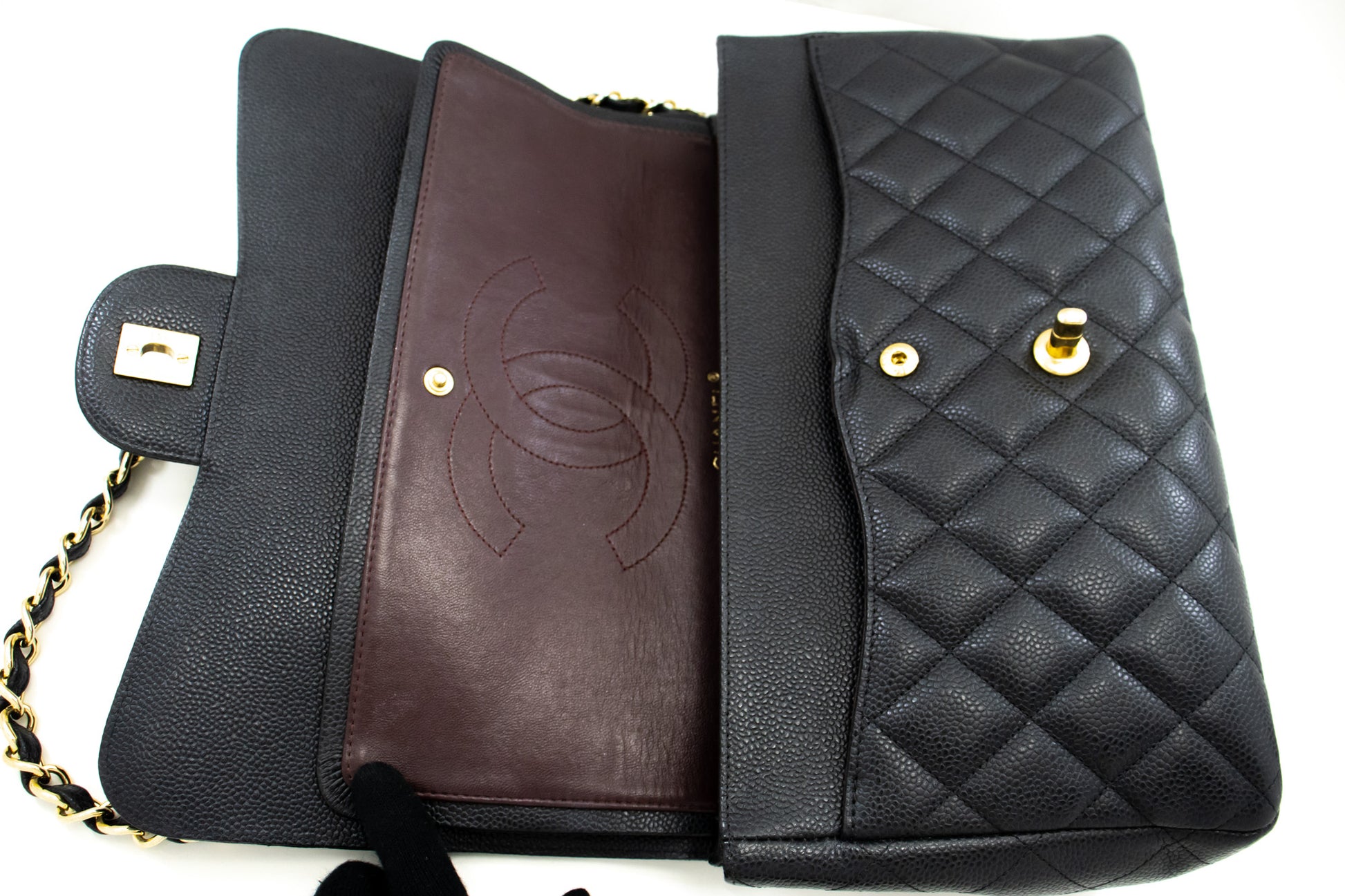 CHANEL Classic Large 11" Chain Shoulder Bag W Flap Black Caviar L66 hannari-shop