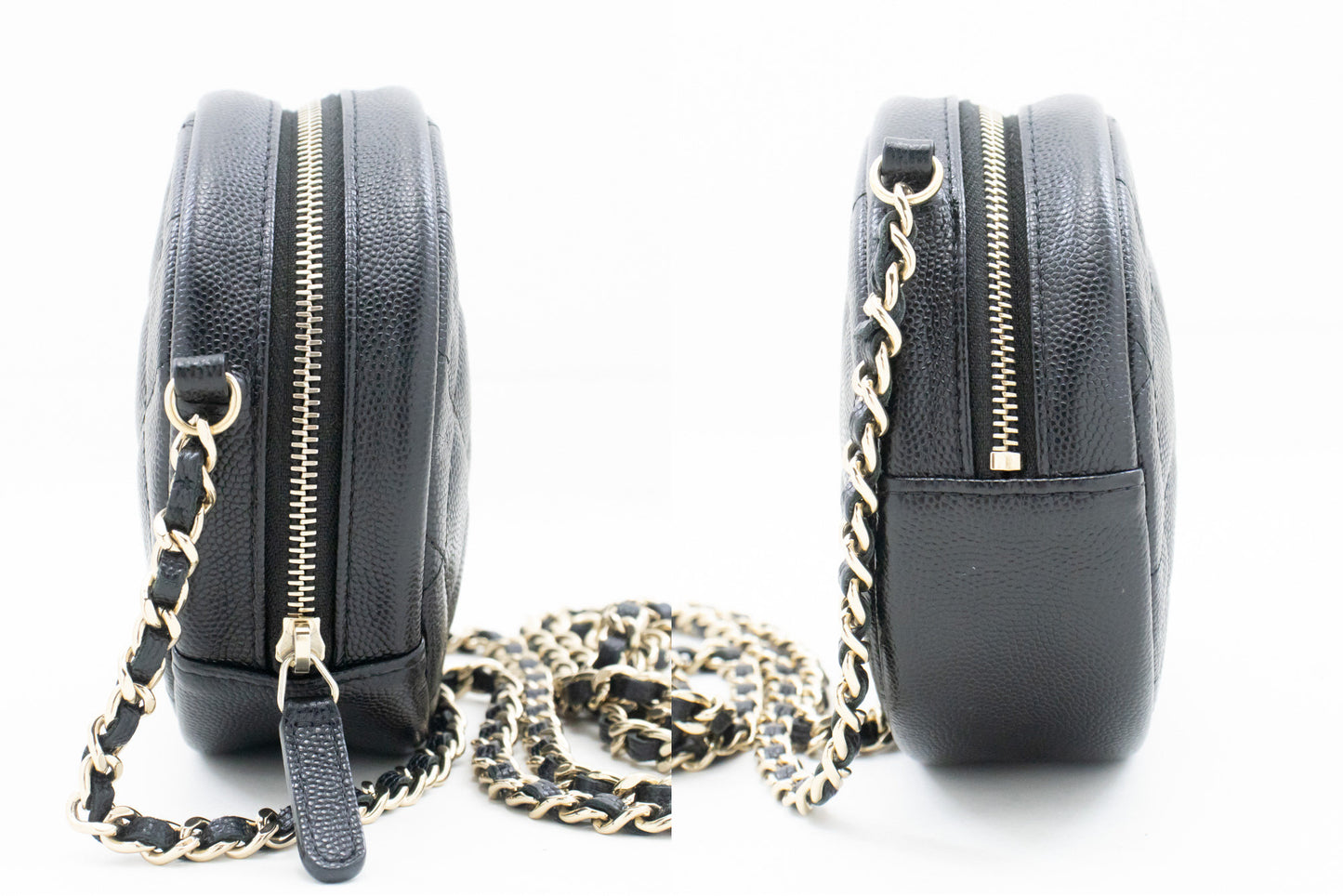 CHANEL Round Zip Caviar Kleine Chain Schoudertas Zwart Gequilte m55 hannari-shop