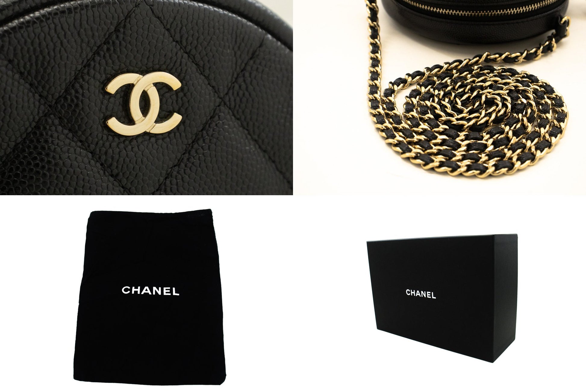 CHANEL Round Zip Caviar Kleine Chain Schoudertas Zwart Gequilte m55 hannari-shop