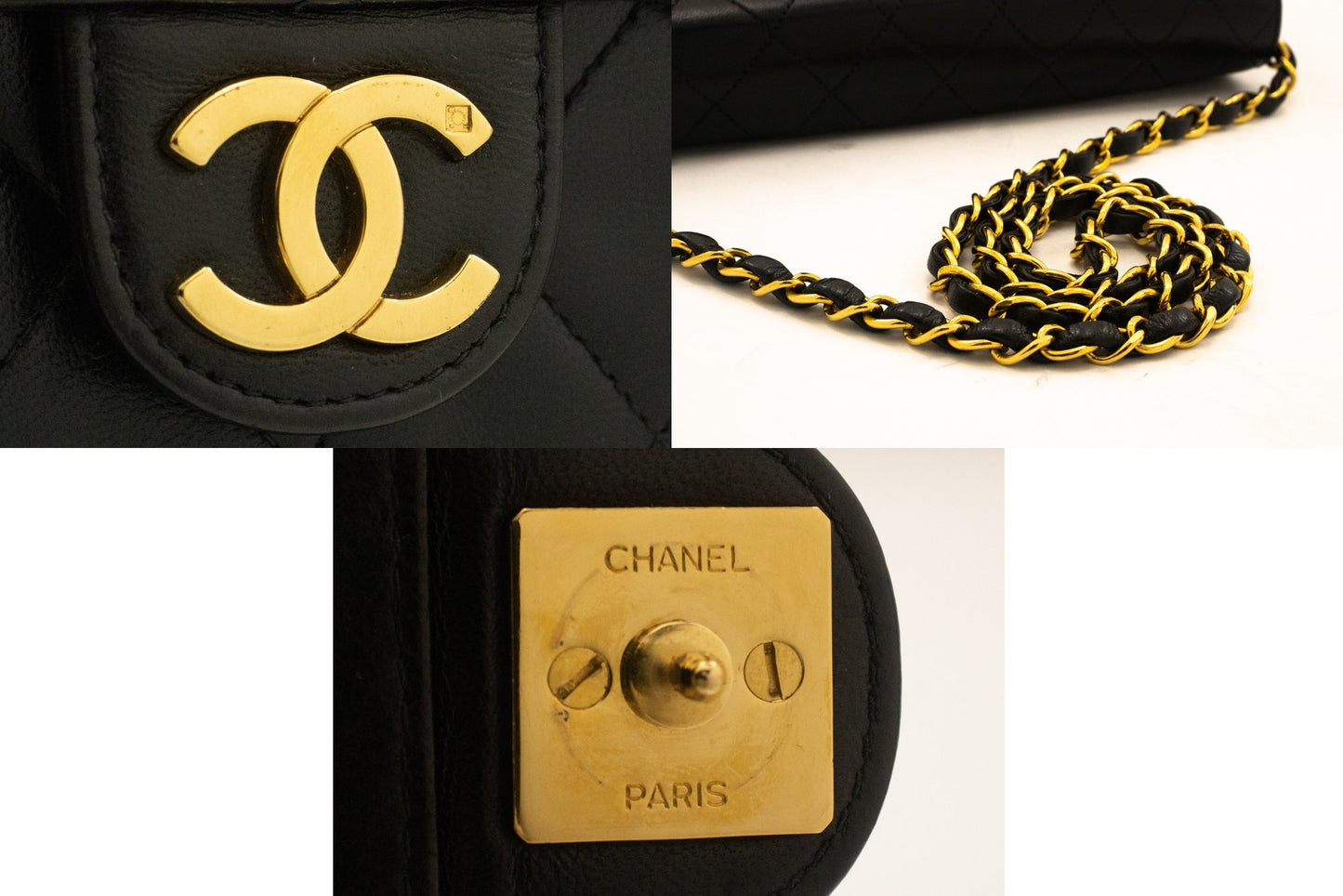 CHANEL Kleine Chain Shoulder Bag Clutch Zwart Gewatteerd Klepje Lamsleer j60 hannari-shop