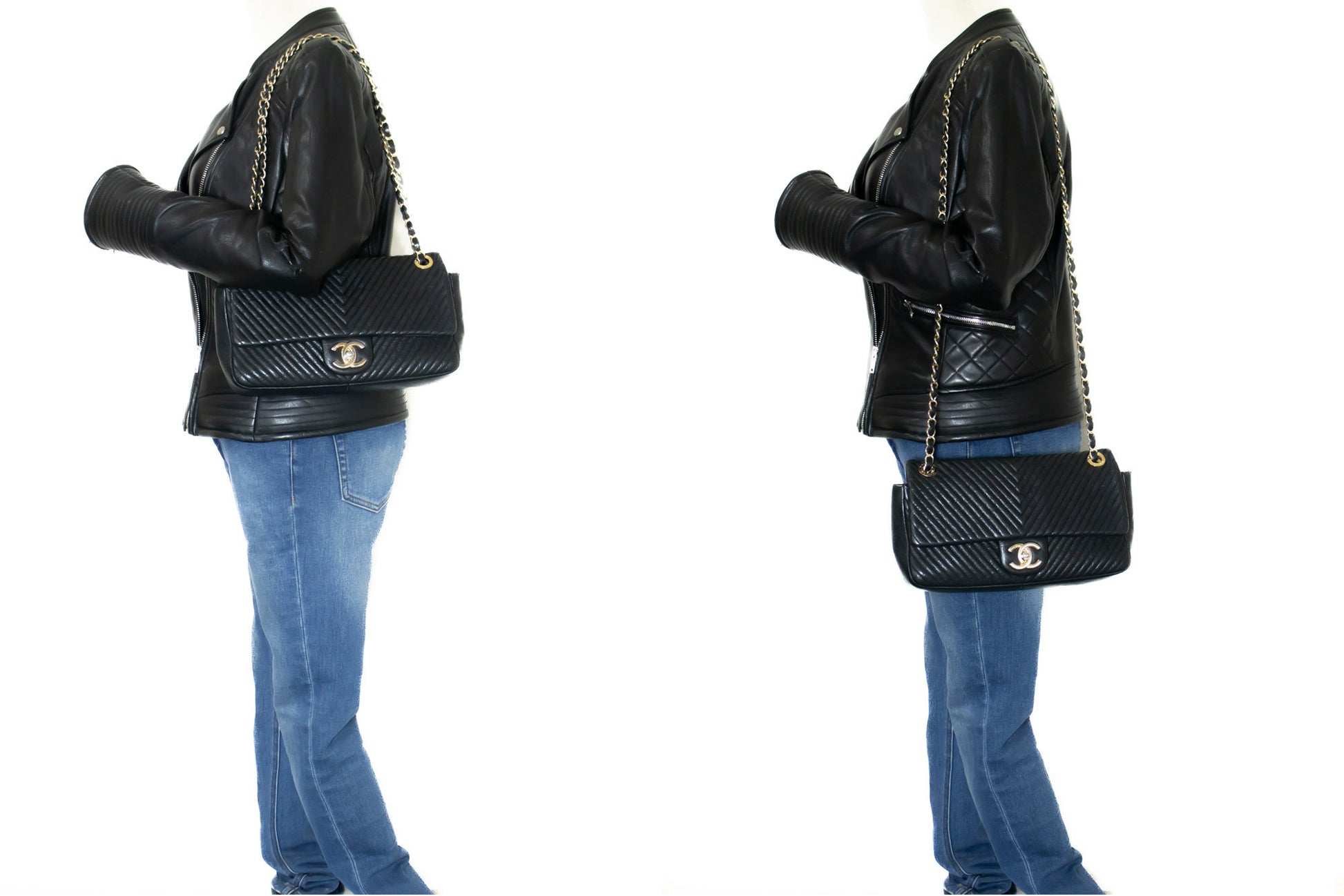 Chanel Chevron V-Stitch Leren Chain Schoudertas Enkel Klep Mat k59 hannari-shop
