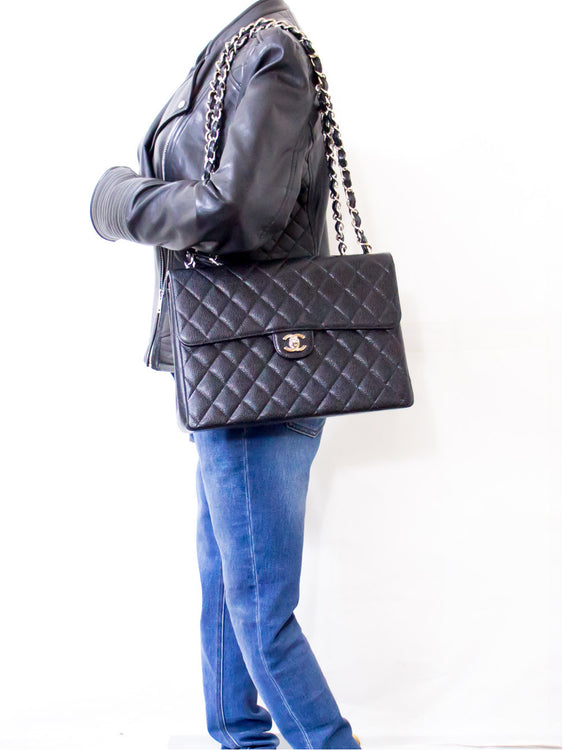 CHANEL Grote Classic Handtas Chain Schoudertas Flap Zwart Caviar g66 hannari-shop